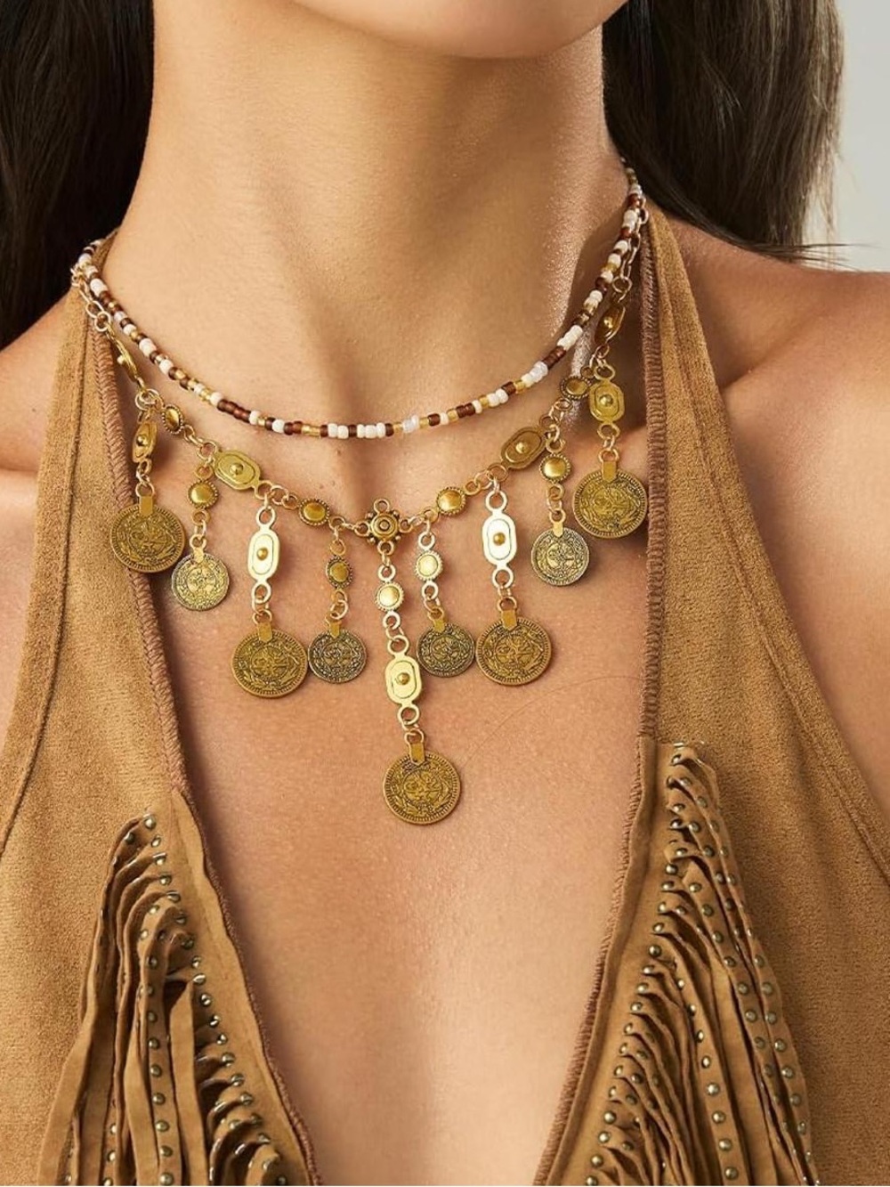 Anthropologie Gold Coin Fringe Necklace with Brown & Cream Beads - Picture 7 of 9
